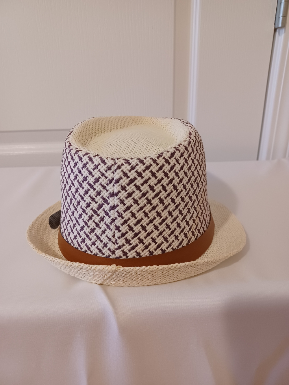 Straw Fedora Hat with Brown Belt - Cream & Purple - Picture 5 of 16
